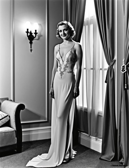 A black and white photograph from the 1930s about a woman in a luxurious bedroom, leaning against sheer curtains. the woman, who appears to be in her mid-twenties, is standing in the middle of the image, wearing a long, flowing gown with a plunging neckline and intricate lace detailing. her hair is styled in a short, wavy bob, and she has a confident, alluring expression on her face. she is looking directly at the camera with a slight smile, and her hands are resting on her thighs. the room is decorated with elegant curtains, a bed, and a wall sconce, creating a sophisticated atmosphere. the lighting is soft and warm, casting gentle shadows on the woman's body.<lora:_Flux\_Film-Retro\Pre-Code_Hollywood-concept_2.safetensors:1.01:1.01>