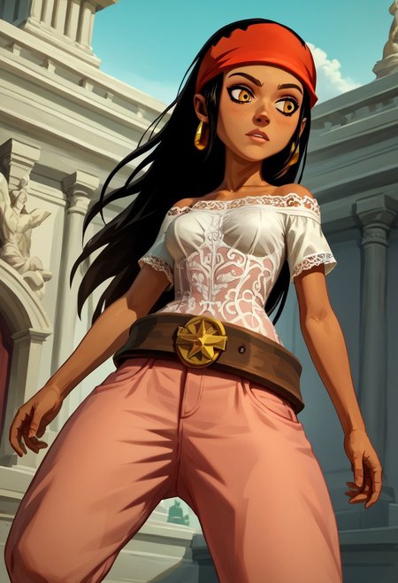 masterpiece, very detailled character, ((masterpiece)), (best quality:1.5), (highres:1.4), (ultra-detailed body), (intricate details), (dynamic angle), (highest quality:1.12)
score_99 score_89_up score_79_up uncensored, show accurate, perfect anatomy (curvy), 
dark tanned skin, amber eyes. long black hair, 
 wear white lace shirt, pink large pants, red bandana, golden earring, 
jumping in, (mouving body)
outdoor, statues in background