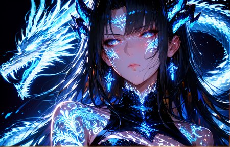 <lora:Aetherflare_Marks_:0.8>,<lora:GEN 0.1v:0.6>,<lora:For_Pony_v0.2:0.8>,source_anime,score_9,score_7_up,score_8_up,dark background,looking at viewer,dynamic angle,close up,upper body,
1girl,solo,adult,<lora:age_slider_v4:1.2>,black hair,long hair,long bangs,asymmetrical bangs,straight hair,silver eyes,pale skin,shiny skin,(half-closed eyes:0.8),expressionless,standing,glowing,tattoo,dragon horns,glowing eyes,blue glow,dress,