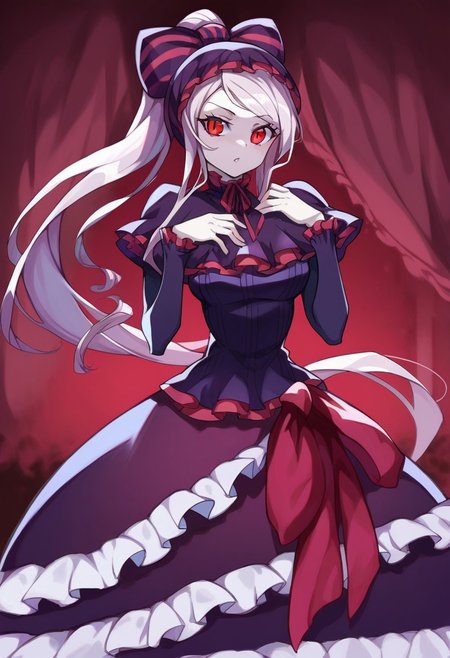 score_9,score_8_up,score_7_up BREAK 
shalltearbloodfallenSDXL,1girl, red eyes, dress, bow, very long hair, ponytail, hair bow, frills, striped, frilled dress, pale skin, fashion, striped bow, long dress, gothic, vampire, cowboy shot, room background