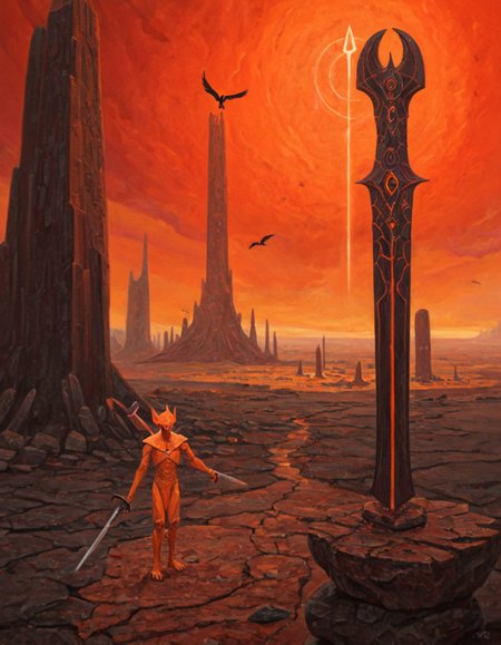 wynbrlwsty, A surreal fantasy painting of an otherworldly humanoid figure with bird-like feet standing on a rocky landscape, holding a large, curved sword. In the background, there's a tall, dark tower with glowing symbols and strange floating rock formations. The sky is filled with orange and red hues, suggesting a fiery or sunset-like atmosphere