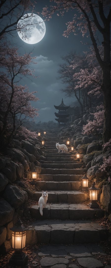 photo of stone stairs leading to shrine, (luminous white fox with magnificent tail), epic composition, cinematic lighting, beautiful moon night sky, purple, fantastic fog, cherry trees, (small stone lanterns set  on ground, luminous reflection), (winding passage), floating luminescent particles, medieval Japanese landscape, (best quality), photorealistic, highly detailed, high resolution RAW photo <lora:offset_0.2:0.6> <lora:add-detail-xl:0.4>