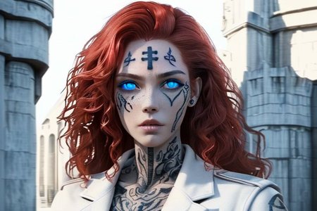 bright red hair, human female, (feminine:1.7), (beautiful face, detailed face:1.6), (beautiful eyes, detailed eyes:1.7), (looking at viewer, eye contact, intense:1.6), (long hair, red hair, curly hair:1.3), , ((masterpiece, best quality, high resolution, realistic, best quality,)), photo realistic, Perfect Face, (detailed face). <lora:GoodHands-vanilla:0.6> <lora:add-detail-xl:0.8>, mage, (Dress White military uniform coat), dagger, rune dagger, glowing runes, , (((glowing magic symbols tattoos, religious tattoos))), ((face tattoos)), glowing tattoos, stone tower in the background