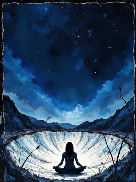An illustrated image of a woman meditating while floating above a glowing crater, with stars visible in the distance. <lora:InkEdgeMono-Complex_Epoch-08:1.0> 1NK3D63-M0N-C0M,  
<lora:inkedgemono-simple_epoch-08:0.6> 1NK3D63SIM, 
background is indigo dye <lora:Midjourney_Whisper_AgateX_v1:0.6>, border is bamboo shoot
 <lora:Midjourney_Whisper_Minimal:0.8>
| no deformed hands, no too many limbs, no too many fingers,