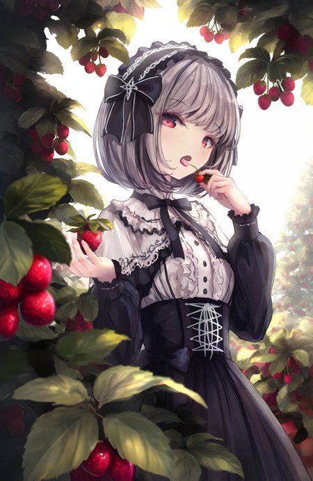 1girl, solo, looking_at_viewer, open_mouth, short_hair, shirt, skirt, long_sleeves, red_eyes, bow, ribbon, grey_hair, frills, hairband, food, tongue, black_skirt, tongue_out, black_bow, fruit, holding_food, lolita_fashion, strawberry, center_frills, gothic_lolita, lolita_hairband, holding_fruit, cherry
