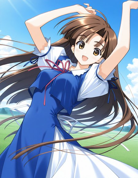 general,highres, ultra-detailed,very aesthetic,best quality ,best hands,  BREAK <lora:Mikage_Subaru_IS:1> Mikage_Subaru, 1girl,solo, brown hair, brown eyes, very long hair, bangs, medium breasts,
dress,  smile,  short sleeves, puffy sleeves, looking at viewer, bow, blue dress,  standing,  ribbon, white blue skirt, open mouth, happy, up arms,
cowboy_Shot,
blue sky, day, grass,