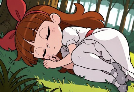 masterpiece, best quality, good quality, little girl, shortstack, 1girl, solo, freckles, blue eyes, eyelashes, perfect eyes, long hair, brown hair, straight bangs, red hairband, red hairbow, white dress, white collared dress, short sleeves, puffy sleeves, red belt, white petticoat, white pantyhose, silver shoes,  lying, on the grass, under a tree, eyes closed, sleeping, on her side, curled up, forest, early morning, from below, upper body, closeup,