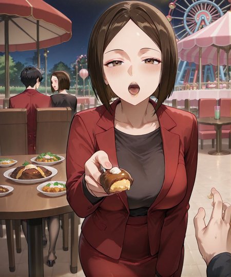 masterpiece,best quality,anime coloring,anime screenshot,
<lora:add-detail-xl:0.5>
<lora:sugar_dating:0.5>sugar_datingV1,
1boy,1girl, hetero,   incoming food, 
pov,table, food, pov,open mouth, 
amusement park, restaurant, 
<lora:Yuuki_Kyouka:1>Yuuki_KyoukaV1,  
 pencil skirt,formal,
red skirt,short hair, black shirt, 
red jacket,yuuki kyouka, 
 mature female,
parted bangs,  bob cut,black  pantyhose,