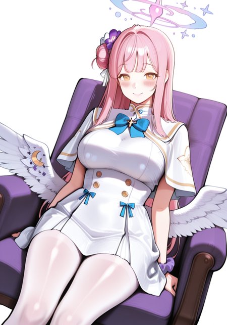 1girl, angel wings, armchair, blue bow, blue bowtie, blush, bow, bowtie, breasts, capelet, chair, crescent, dress, feathered wings, flower, hair bun, hair flower, hair ornament, hair ribbon, halo, long hair, looking at viewer, low wings, pantyhose, pink hair, pink halo, purple flower, purple scrunchie, ribbon, scrunchie, simple background, single side bun, sitting, smile, solo, underbust, white background, white capelet, white dress, white pantyhose, white ribbon, white wings, wings, wrist scrunchie, yellow eyes, BREAK character_concept, cowboy_shot, (dutch_angle:1.25), masterpiece, best quality, amazing quality, very aesthetic, absurdres, modern, recent, newest, <lora:Chunky_IL_Style_epoch_11:1> Chunky, flat color, minimalist