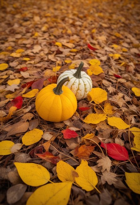 Masterpiece, macro photograph, ((low angle)), close-up gourds, autumn theme, fall scene, Halloween, falling leaves, red leaves, yellow leaves, orange leaves, brown leaves, vibrant colors, bokeh, sharp focus, shallow focus, highly detailed,