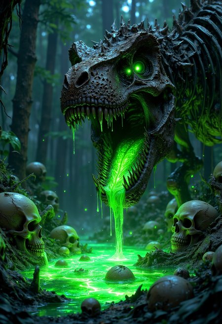 a menacing, skeletal dinosaur with glowing green eyes and a gaping mouth, from which a bright green, luminescent liquid is pouring. The dinosaur is set in a dark, dense forest with tall trees and a misty atmosphere, creating an eerie and ominous mood. The ground is littered with human skulls, also illuminated by the green glow of the liquid, enhancing the sinister theme. The overall color palette is dominated by dark greens and blacks, with the vibrant green liquid providing a stark contrast. The composition is centered on the dinosaur, with the forest and skulls framing the scene, drawing the viewer's attention to the creature's fearsome presence.
<lora:FluxMythP0rtr4itStyle:0.6> <lora:Midjourney_Dreamlike_Fantasy_FLUX_LoRA:0.6> <lora:Elden_Ring_-_Yoshitaka_Amano:0.33>