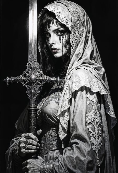 side view. a black-and-white photograph with a dark, eerie atmosphere. It features a woman dressed in a traditional wedding gown and veil, evoking a gothic or horror theme. The woman's face is painted with dark, dripping streaks that resemble blood or tears, adding to the haunting effect. Her eyes are wide and piercing, contributing to a sense of intensity and fear. She holds a large, ornate sword in front of her, which is central in the image and reflects light, creating a sharp contrast against the dark background.
The gown is intricately detailed with lace, which is also visible on the veil covering her head. The lace has an ornate, almost macabre design, enhancing the gothic aesthetic. The veil drapes over her shoulders and back, with the lacework creating a delicate yet eerie texture. The background is dark and void of any significant details, focusing all attention on the woman and her expression. The overall mood of the photograph is somber and foreboding, with the combination of the gothic attire, dramatic makeup, and the menacing sword creating a chilling visual impact.