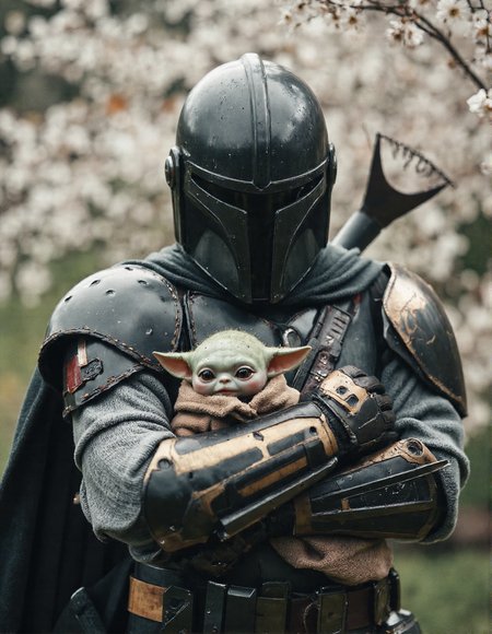 A Mandalorian warrior, clad in a fusion of traditional samurai armor and futuristic Mandalorian gear, stands amidst a serene Japanese garden. The warrior is wearing a clean and sharp dark helmet with a T-visor. shiny armor with reflection, exuding both strength and calm. In his arms, he gently holds and hugs a cute Baby Yoda, whose wide eyes gaze up in curiosity and trust. Cherry blossoms frame the scene, their delicate petals contrasting with the warrior's imposing figure and adding an elegant, serene atmosphere to the tender moment, moody, artistic shot, epic, unique angles and pose, <lora:- Flux1 - soothing_atmo_V2.0:0.4>, <lora:aidmaHyperrealismv0.3:0.8>, <lora:Dark Cinematic:0.8>
