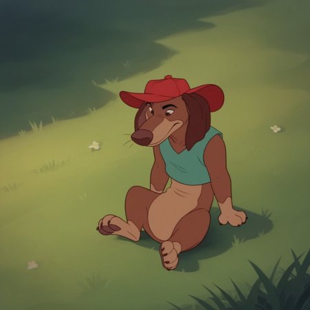 score_9, score_8_up, score_7_up, score_6_up, score_5_up, score_4_up, source_furry, ItchyItchiford, feral, male, Dachshund, brown fur, green shirt, sleeveless, red hat, sitting, outside, in the grass