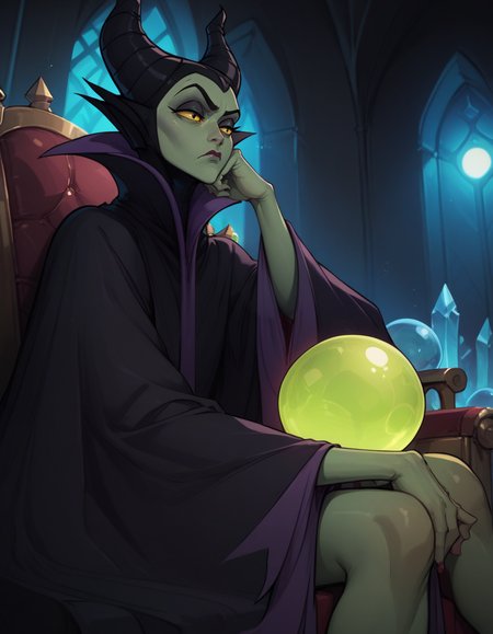 score_9, score_8_up, score_7_up,     
1girl, solo,
maleficentdg,
colored skin, yellow sclera, green skin, 
 wide sleeves, high collar, black cape, 
half-closed eyes, annoyed,
sitting, from below, head rest, 
castle interior, throne, night, crystal ball, glowing, 
 <lora:Maleficent DG PXL v01-000003:0.90>