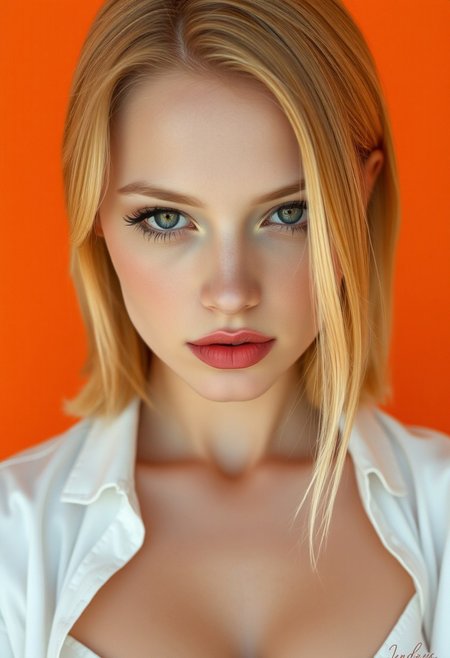 graphic design, an oil-painting of a close-up portrait of a swedish woman with strawberry blonde shoulder length hair, head down, with a serene, ethereal expression. She wears matte soft pink lipstick, enhancing her fair, porcelain-like skin. she wears contrasting eyeshadow, she has open grey eyes, staring at the viewer. Her outfit is a low cut white shirt that contrats sharply with a solid orange background. The style is digital art, high contrast, minimalistic composition, smooth textures, with sharp details and vibrant color palette.