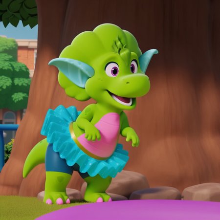 ((masterpiece, best quality, amazing quality,))  bopbwil, semi-anthro, female, dinosaur, green skin, green hair tuft, purple eyes, solo, outside, full body, blue pointy ears, blue tutu, blue bike shorts,