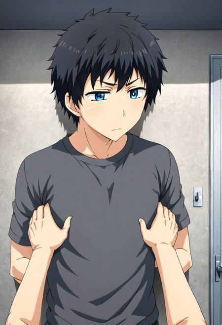 high resolution, solo, best quality, 1Boy, Arata Kaizaki, Black Hair, Blue Eyes, kabedon POV, T-Shirt, OverallDetail