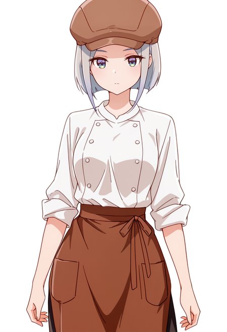 masterpiece,high quality details,absurdres, 
 <lora:Nishidera_Nene:0.8>
nene_cnr, 1girl, grey hair, short hair, 
nene_s2,cabbie hat, white shirt,brown waist apron, brown skirt,sleeves rolled up,black pants, buttons,, simple background, white background, front view,solo,, . .,