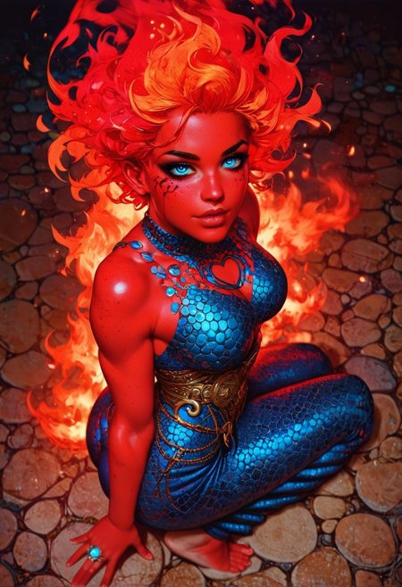 score_9, score_8_up, score_7_up,score_6_up, full body, view from above, Mucha style, perfect face, focus on face,perfect anatomy, focus on face, woman made of fire, fiery skin, red skin, glowing, 1woman, 20 year old woman, a sexy woman poses, mucha background, sexy pose, cute pose, ring of fire, (blue chainmail dress), (blue chainmail skirt), bare feet, pouty, flirty look in eyes, close on face, cavern, underground, ((fiery red hair)), ((short hair)), heavy pin-up eyeliner, freckles, EGirlMakeup, neon colors, large breasts, perfect face, thin waist, heart-shaped ass, bubble butt, bright glowing blue eyes, on fire, dripping fire
Hide