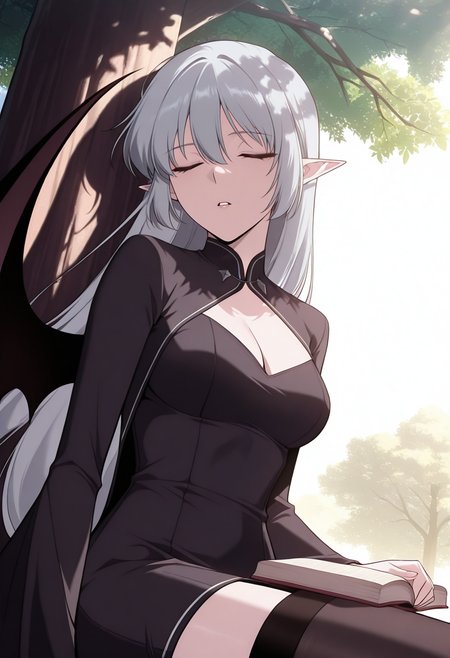 masterpiece,best quality,1girl,red eyes,devil_eyes,long hair,grey hair,hair between eyes,pointy ears,flowing hair,medium breast,cleavage,VampireDZ1,black dress,pencil dress,high collar,collared dress,cut-out dress,open back,white trim,black robe,long sleeves,flowing sleeves,flared cuffs,bat wings,demon wings,red lining,thigh-highs,garter straps,1girl, solo, masterpiece, newest, absurdres, best quality, amazing quality, very aesthetic, ultra-detailed, highly detailed, anime-style, detailed background, vibrant colors, delicate, dreamy, cinematic lighting,volumetric lighting,ray tracing, dramatic shadows,dappled light, clouds, low angle side view, sleeping, parted lips,outdoors, hillside, under tree, sitting, yokozuwari, book, book on lap, tree branch, squirrel on tree branch,
anime screencap,anime coloring,<lora:AliceF7:1>,<lora:anime_screencap-IllustriousV2:0.7>,