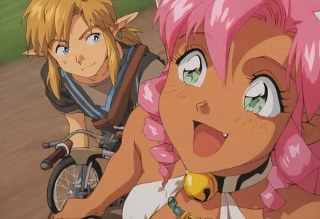 1boy, 2girks, Pink_DragonPink, 1girl, sleeveless dress, white tiger print dress, pelvic curtain, cleavage, cat ears, cat bell necklace, bright pink hair, tanned, white tiger tail, red sash, small breasts, leather shoes, masterpiece, very aesthetic, <lora:pink-illustrious:1>, open mouth smile, single fang showing, 
Break
1boy,Anime screencap,link (zelda),blonde hair,blue eyes,pointy ears, low ponytail, sidelocks, blue hyilian tunic, smiling
Break
Outdoor medieval bicycle race, many people watching from the sidelines, race track, pink and link on bicycles, riding side by side, riding fast, pink and link winning the race, breaking the finish line tape on their bicycles, side view, full bodies in view