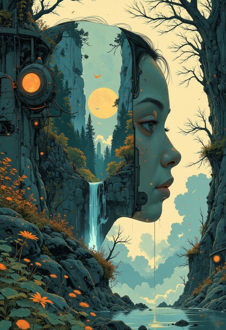 high quality, ultra detailed, colorful, fantasy, bo-neon, a digital collage created in a photorealistic style, it features a double exposure of a human head, with the inside of the head being the focal point, the head is tilted slightly to the left, creating a sense of depth and dimension, the background is a lush, verdant forest with dense trees and a serene waterfall cascading down a rocky cliff, the forest is rendered in shades of green and brown, with a soft, ethereal quality, the water in the foreground is calm and reflective, mirroring the forest and the face of the human, creating an ethereal and dreamlike atmosphere, the overall color palette is muted, with earthy tones and soft, muted grays, enhancing the natural and mystical feel of the scene, the texture of the image is smooth, with subtle brushstrokes that add depth and realism to the composition, the image exudes a blend of natural beauty and surrealism, making it a captivating and immersive piece of art<lora:Ethereal_Brush_Anime_v1.0.safetensors:0.6:0.6> <lora:It's a LoRA for portraits, BUT! actually specialized in backgrounds. v1.0.safetensors:0.12:0.12> <lora:boFLUX Abyss Neon.safetensors:0.6:0.6> <lora:Blue_Future.safetensors:0.9:0.9>