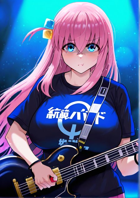 <lora:Gino:1>,1girl, gotoh hitori, detailed background, huge breasts, wide hips, , black shirt, blue eyes, bracelet, closed mouth, cube hair ornament, floating hair, guitar, hair between eyes, hair ornament, holding, holding instrument, holding plectrum, instrument, jewelry, kessoku band logo, kessoku band t-shirt, light particles, long hair, looking at viewer, music, one side up, playing instrument, plectrum, pout, shirt, short sleeves, sidelocks, solo, stage lights, t-shirt, upper body, very long hair, 
very awa, masterpiece, best quality, highres, absurdes,amazing quality