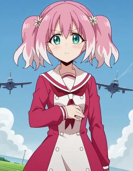 score_9, score_8_up, score_7_up, source_anime, <lora:nana-hiiragi-s1-ponyxl-lora-nochekaiser:1>, nana hiiragi, aqua eyes, twintails, pink hair, flower, white hair, multicolored hair, hair flower, two-tone hair, anime screencap, dress, school uniform, sailor dress, red neckerchief, white sailor collar,, airfield, planes, runway, open space, aviation, , hand on stomach, blush,, looking at viewer, solo,, dutch angle, cowboy shot