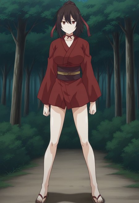 1girl, solo, kunobotananm, brown hair, hair ribbon, ponytail, red eyes, choker, short kimono, obi, large breasts, sandals, outdoors, forest, standing, full body, serious