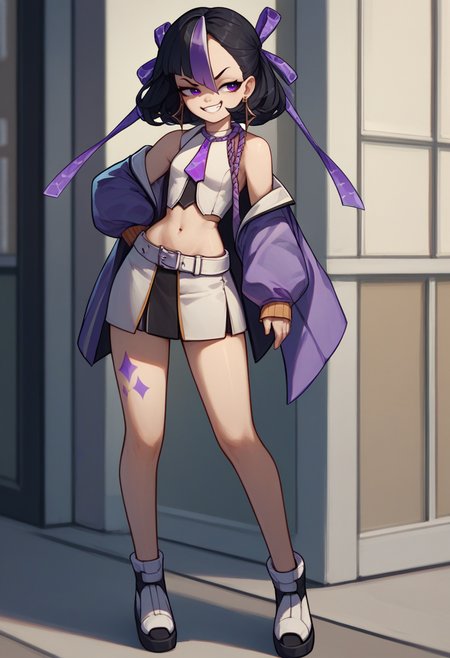 score_9, score_8_up, score_7_up, source_anime BREAK 1girl, solo, standing, <lora:syuen-nikke-richy-v1_pdxl:1> syuen, purple eyes, black hair, streaked hair, short hair, bangs, hair ribbon, earrings, purple jacket, necktie, detached sleeves, sleeveless, crop top, navel, midriff, skirt, belt, leg tattoo, long legs, standing, smug, grin