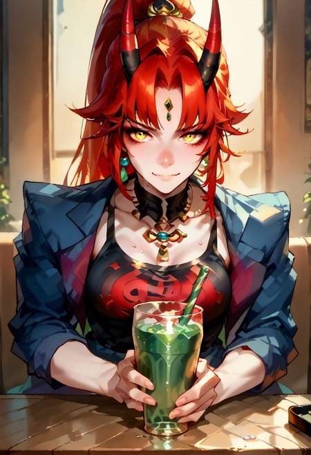 score_9, score_8_up, score_7_up, score_6_up, score_5_up, red hair, streaked hair, golden eyes, long hair ponytail,  necklace, breasts, looking at viewer, ponytail, large breasts, oni, demon queen, demon lord, black demon tail, happy, friendly, very muscular, short hairs, bodybuilder, red and black horns, spiky horns,  negative_hand, blue jacket, short pants, necklace, tank top, sandals, (drinking green soda using a straw at restaurant), (put a glass in her hand),  (symmetrical composition:1.3), (drink non elegantly, bad posture),(sitting by the window), (hold the glass vertically:1.3), (drink with a straw), (blush cheeks:0.8), (shallow DoF:1.35), (front of face), feet on table, feet, soles, large feet, sweaty soles, sweat, sandals on table