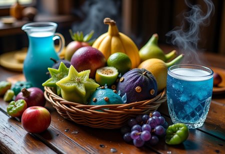 Create a detailed UHD image featuring a rustic wooden table inside a cozy cabin. on the table is a basket overflowing with exotic alien fruits from another planet. The fruits should have unique and vibrant colors, unusual shapes, and intriguing textures, showcasing their otherworldly origins.  Include fruits that combine a smooth, banana-like shape with a juicy, tomato-like texture, glowing translucent grapes in shades of blue and green, an icy cantaloupe with minty green flesh, star-shaped limes with a shiny green exterior, a deep violet pod with creamy purple pulp, and metallic apples with an iridescent sheen. Next to it is a jug with oddly shaped glasses containing a blue, sparkling drink. Foam and wispy smoke rise from the glasses. The setting should evoke a warm, inviting atmosphere with the contrast between the earthy wooden table and the vivid, fantastical fruits. cinematic
Midjourney_Whisper