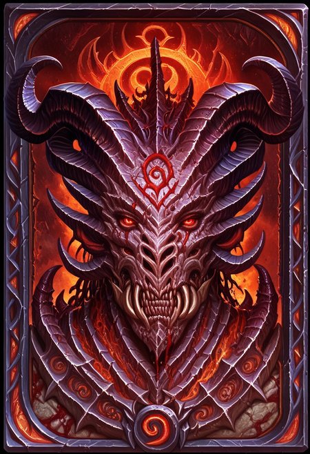 Card, Tarot, graphic border, Illustrative, Dark, obsidian stone, skeuomorphic, detailed, 
horns, blood offering, pagan, 
simple white background
score_9, score_8_up, score_7_up,
