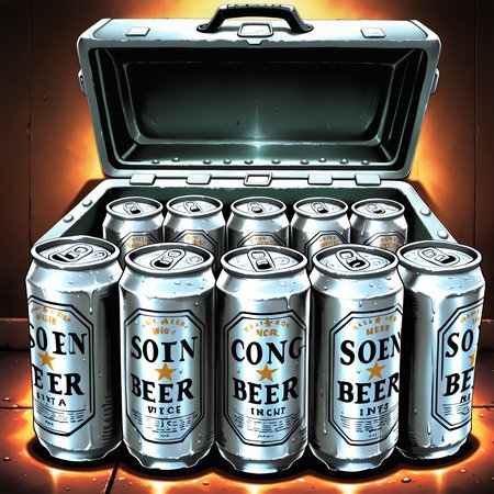 masterpiece, best quality, sotvoa, safe, no human, beer can in a beer cooler with ice