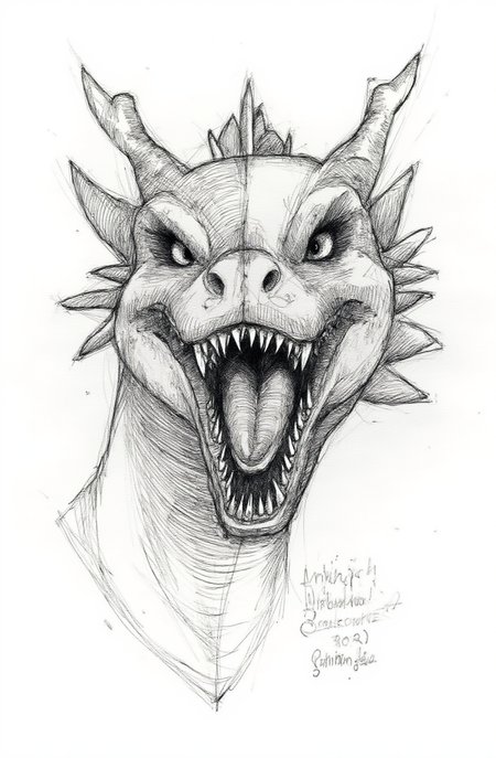 Sharp image of a rough sketch, rendered in vibrant multi colour ballpoint pen, capturing the adorable features of a black and white illustration of a dragon's head. The dragon has a fierce expression with its mouth wide open, revealing sharp teeth and sharp fangs. Its eyes are piercing and its mouth is slightly open, as if it is roaring. The head is covered in spikes and horns, giving it a fierce and intimidating appearance. The overall style of the illustration is sketch-like, with bold lines and shading to give it a realistic appearance.  p3nsk, <lora:p3nsk:1>