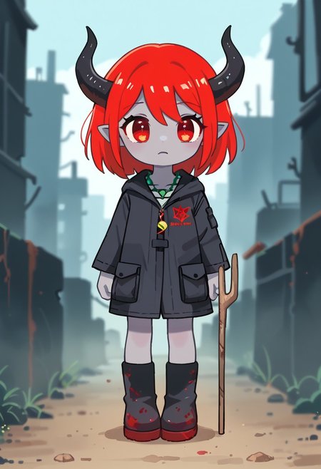 score_9, score_8_up, score_7_up, BREAK
highres, highly detailed, high resolution, high quality, 
source_anime, anime screencap, saturation, vivid colors, 
1girl, solo, luce, full body, standing, demon girl,
(dark red hair:1.2), (big dark red eyes:1.1), medium hair, cute, (grey skin:1.1), (horns:1.2), 
(long black raincoat:1.1), black rubber boots, 
pentagram necklace, holding one red trident, 
stkyswt
blurry background, bokeh, city ruins background, street, dust, 
outlines,
