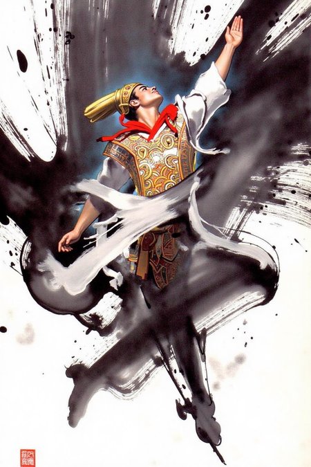 chenu1 illustration. 
An elegant and dynamic depiction of the profile of a traditional warrior in mid-motion, painted with expressive brushstrokes. The figure is dressed in a flowing, white robe with detailed red and gold accents, including a golden headdress. The warrior’s pose is looking upward, with one arm extended upward toward the sky. Abstract, sweeping black ink strokes form a dramatic background, emphasizing movement and energy while blending traditional and modern artistic styles.
 <lora:chenu2_poster_cap_d6a3:1.0><lora:822499019289898890:0>