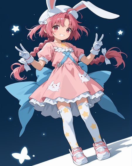 PonyScores7, source_anime, rating_safe, ah1, 1girl, lips, bad-hands-5, <lora:xl_more_art-full_v1:0.2>, <lora:shinyskin2:0.2> glistening skin, <lora:aesthetic_anime_v1s:0.2>, <lora:Expressive_H:0.2> Expressiveh, <lora:hairdetailpxl:0.2> hairdetailpxl, <lora:EpicF4nta5yXL:0.2>, <lora:detailxl:0.2> detailxl, <lora:Fant5yP0ny:0.2>, best quality, amazing quality, best aesthetic, absurdres, <lora:expressive eyes:0.2> expressive eyes, <lora:eyedetailpxl:0.2> eyedetailpxl, illustration, Volumetric_Lighting, ultra-detailed, very aesthetic, intricate details, 8k, masterpiece, best_quality, (Smiling face with hearts), (Dutch Angle (from behind) view Extreme Close shot (focus on chest)), (witnessing the birth of new stars near the galactic core, the spaceship documenting the awe-inspiring event), (fox shadow puppet), <lora:Eyes_High_Definition:0.3> EyesHD, looking at viewer,  Stable_Yogis_PDXL_Positives, AS-Adult, <lora:nakahara_komugi_pony_v1:0.8> nakahara_komugi, pink hair,hat, animal ears, braid, pink eyes, ahoge, long hair, rabbit ears, wings, star print, jewelry, star (symbol), dress, white gloves, stickers, zettai ryouiki, print thighhighs, winged footwear,