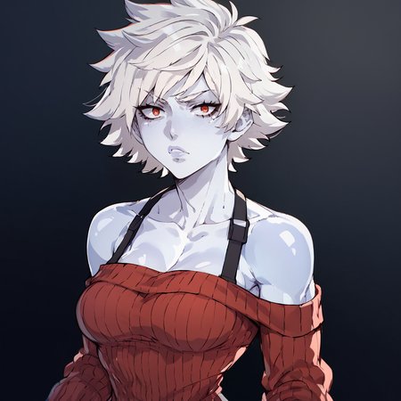 white skins, spiky red short tomboy hair, neutral expression, tight sweater, <lora:NAHIRI:1> nahiri, 1girl, solo, short hair, breasts, bare shoulders, white hair, colored skin,  <lora:Amplected_3d_anime_art_style:1>, source_anime, score_9_up,  score_7_up, score_8_up
