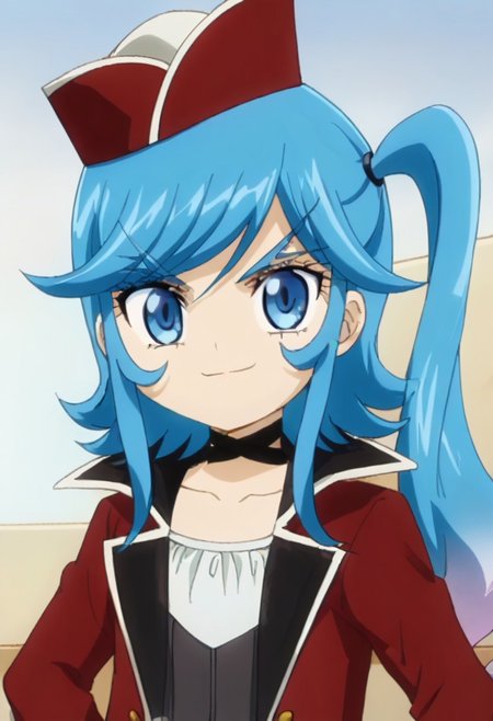 score_9, source_anime, masterpiece ,anime screencap, 1girl, solo,kamijo_epoch, blue hair, multicolored hair, side ponytail, blue eyes, red hat, black choker, red jacket, black wear, smile, upper body,