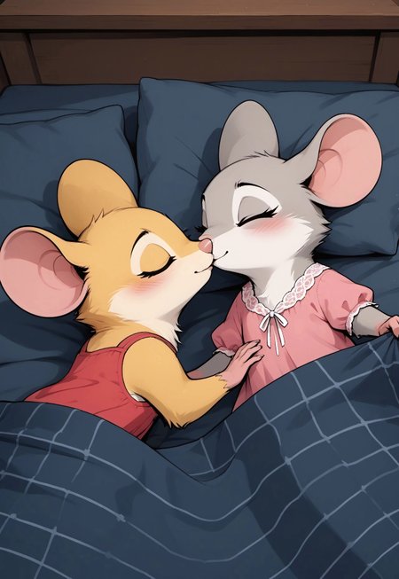 safe_pos, score_9, score_8_up, score_7_up, score_6_up, score_5_up, score_4_up, (duo:2), (feral), indoors, ((pillows)), (lying on bed), (under blankets:2), female, m0use_goldie, ncpy45 style watercolor, (cute:1.5), romantic, (kissing:2) (close up, head focus, head shot:2), (night:1.5), high angle view,
BREAK
(mouse, female, (eyes closed), yellow fur, yellow ears, blue nightgown)
BREAK
(mouse, female, eyes closed, grey fur, grey ears, pink nightgown)