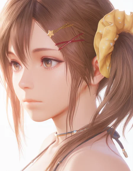 1girl, portrait, close up, backlit, expressionless realistic, 
<lora:Misaki_vvp_lcd_v0.3:1> misakivvplcd, yellow scrunchie, hair clips, side ponytail,
bikinibluevvp, bracelets, armlet, 
masterpiece, best quality, amazing quality,
