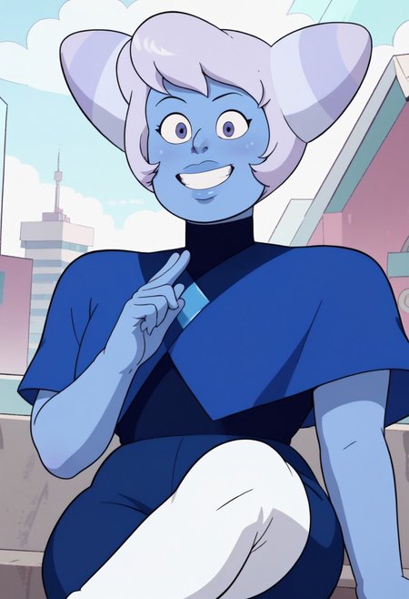 ((city background)),score_9, score_8_up, score_7_up,score_6_up, 
1girl, Solo, HollyBlueAgate_SU, periwinkle blue skin, violet eyes, pale lavender hair, two pointed side buns, plump lips, night blue top with a high collar, blue shawl with a darker blue collar, light blue diamond symbol on chest, royal blue pants, white thigh-high high-heeled jackboots, social smile, big eyes, sexy face, close-up, face photo, perfect eyes, perfect smile