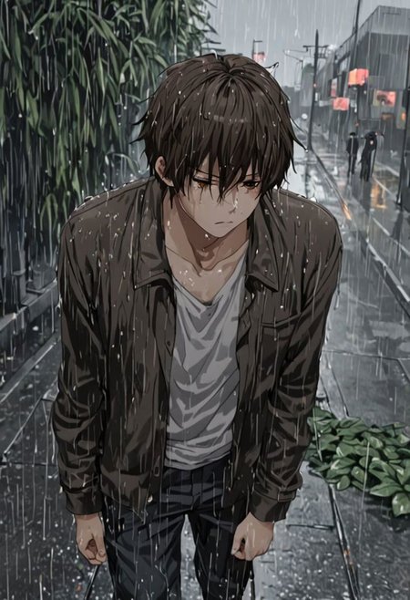 Highres, Masterpiece, High Quality, 4K, 8K, solo, 1Boy, Seiya Kanie, short dark brown hair, golden eyes, footpath, urban, wet, slippery, heavy rain, overcast, dark, drenched, weak, beaten, looking down, sad, helpless, careless, heartless, wet hair, withered plants, easynegative, detailed_eye_model