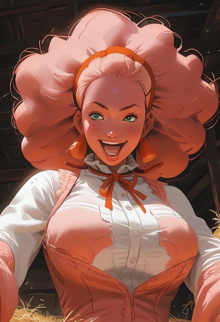 score_7_up, source_anime, uncensored, BREAK,((pink skin)),  ((solo)),
PMLenora, green eyes, big hair, afro, hairband, large breasts,
 ((bimbo)), ((pink skin)), standing, laughing, breast squeeze, glossy skin, barn background, barn, stall, hay in background, steel horizontal bars,giver pov