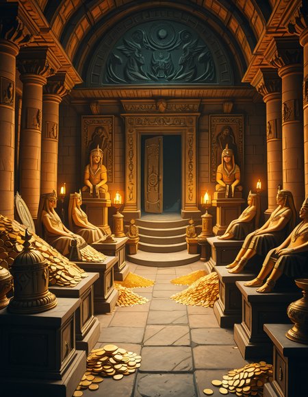 A hidden treasure chamber deep within an ancient temple, illuminated by the warm golden glow of torches and mystical blue light from enchanted crystals. The room is filled with piles of gold coins, jewel-encrusted goblets, and ancient artifacts covered in dust. Massive stone statues of forgotten deities guard the chamber, their eyes glowing faintly as if watching intruders. In the center, a grand pedestal holds a legendary artifactâan ornate golden crown encrusted with emeralds and sapphires, shimmering with an otherworldly aura. The walls are adorned with intricate carvings depicting lost civilizations, and creeping vines hint at centuries of abandonment. The atmosphere is mystical and slightly eerie, with a sense of both wonder and danger. The air is thick with the scent of aged parchment and burning incense, adding to the chamberâs ancient and mysterious feel. Cinematic lighting with dramatic shadows enhances the depth and richness of the scene, creating a visually stunning and immersive environment.
<lora:SDXLFaeTastic2400:0.4> <lora:extremely_detailed:0.4> extremely detailed,treasure ch4mb3r, <lora:treasure_ch4mb3r-i:1>, Masterpiece,best quality,hi res,8k,hi res,8k,award winning,(sharp focus, intricate, highly detailed),