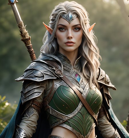 RAW photo, (masterpiece:1.3), subsurface scattering, heavy shadow, (high quality:1.4), (intricate, high detail:1.2), professional photography, HDR, High Dynamic Range, realistic, ultra realistic, photorealistic, high resolution, film photography, ambient lighting, atmospheric effects, <lora:detail_slider_v4:2>, OverallDetail, <lora:ElvenArmor1:1>, a female high elf warrior, (silver and blue) plate armor, blonde hair, cape, elar, upper body, holding, holding spear, jewelry, long hair, pauldrons, pointy ears, solo, simple background,