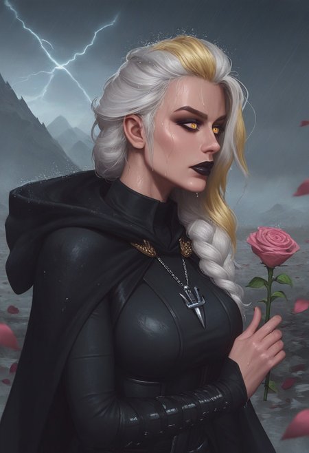 score_9, score_8_up, score_7_up, (realistic:1.2), mysterious girl, alluring goddess,, smooth, very detailed, etra detailed, intricate details, highly detailed,  masterpiece, best quality, amazing quality, (wet hair:1.2), 1girl, solo, cherry blossoms falling around her, misty mountains in the background, focused and serene expression, mature female, curvy, Jaina Proudmoore, 1girl, mature female, white hair, blonde hair, yellow eyes, pupils, storm, anchor necklace, (3/4 body shot:1.3), dark, thunder, rainy:1.2, windy:1.2, mountains at the background,  (burgundy lightning:1.2), black lips, sith lord, star wars, sith, black hood, black cape, hood on head, turtleneck, (total black clothing:1.2),, (close up face), jainapost, (fully clothed), (she holding pink rose:1.3), (looking at object), (she is looking at rose in her hand:1.2),,roses, pink roses, roses, rose petals, rose, (dramatic atmosphere), (detailed background), side view, (head down:1.1)