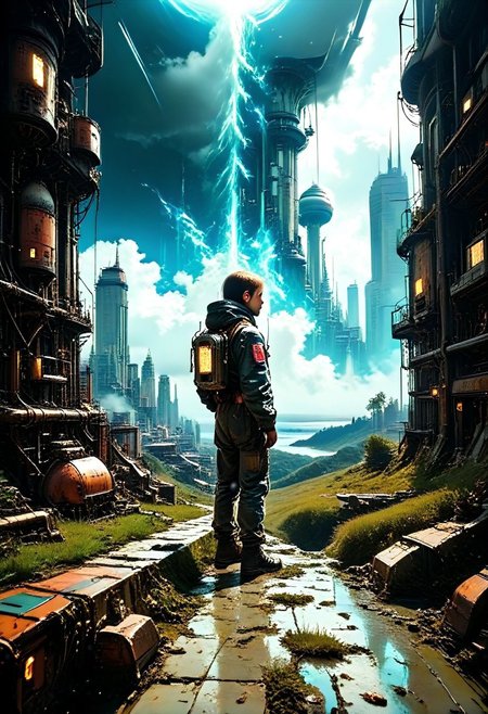 scenery, outdoors, sky, cloud, grass, glowing, night, water, fantasy, star \(sky\), no humans, 1other, cloudy sky, standing, solo, robots-cyborgs, 
score_9,score_8_up,score_7_up, futuristic, technological, alien worlds, space themes, advanced civilizations, 
alien-worlds, colorful, eeriness, fantasy, futuristic, science-fiction, other-worldliness, pop-culture, posters, contemporary, metaphysics, atmospheric, digital, illustration, 
pmg style, MyNewFantasy, Jed-dtl, s1_dram